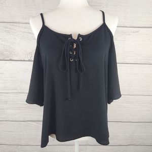 Touch Blue Lace up Front Off the Should Blouse